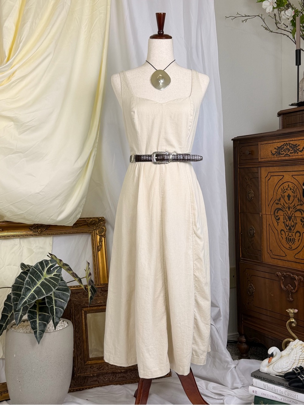 Old Navy Cream Linen-Blend Summer Dress - Cottagecore boho prairie size M chic - Picture 2 of 9